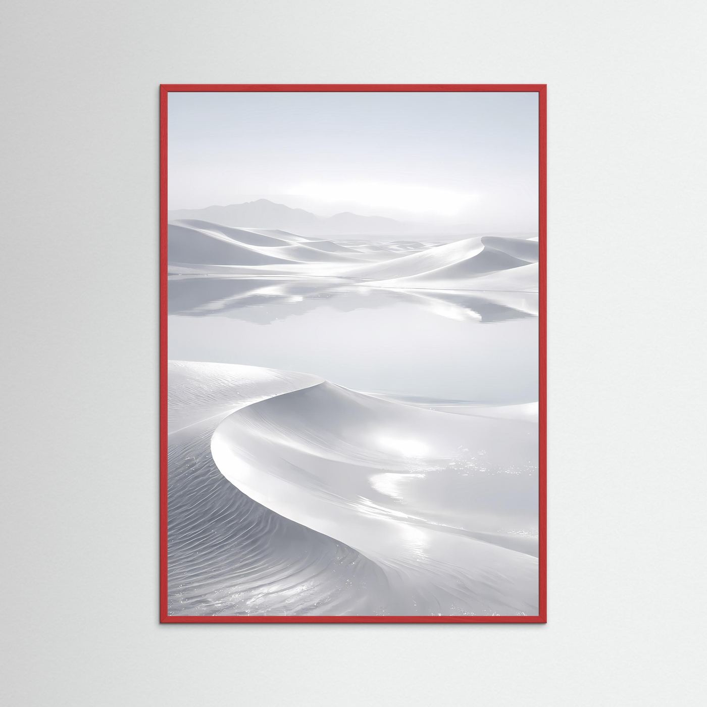 Wüstenposter mit abstrakter Dünenlandschaft in Weiß und Grau, roter Holzrahmen