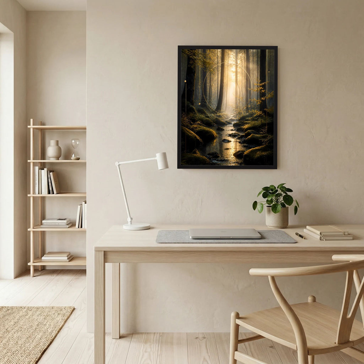 Wandposter im Hochformat mit Waldlichtung, Bachlauf und goldenem Licht, schwarze Einfassung