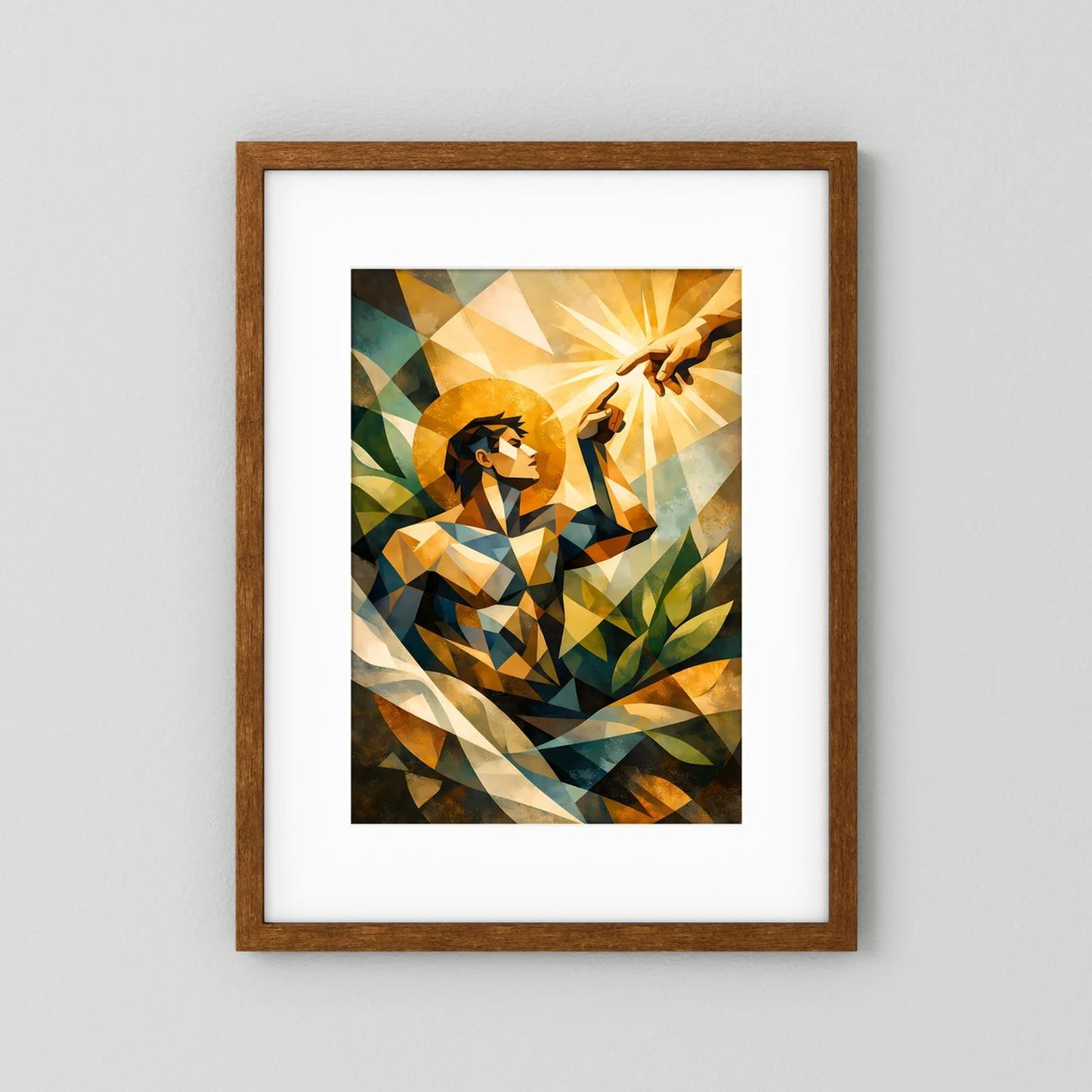 Gerahmtes Poster im Hochformat mit weißem Passepartout, geometrischer Mensch, Holzrahmen braun