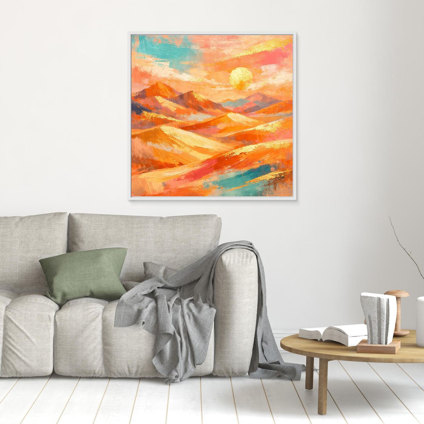 Abstraktes Leinwandbild mit weißem Rahmen, orange Wüstenlandschaft mit gelber Sonne