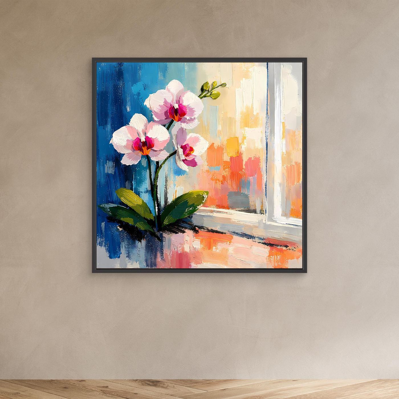 Leinwandbild mit weißen Orchideenblüten und Fensterlandschaft, schwarzer Rahmen