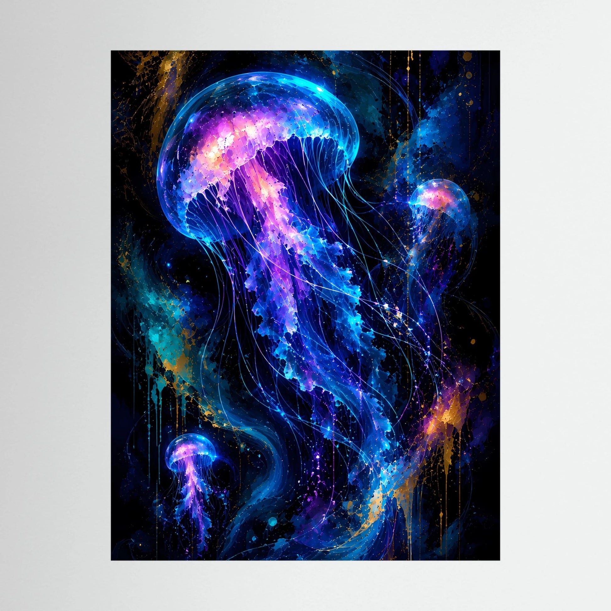 Nahaufnahme-Wandposter mit leuchtenden Quallen in Neonblau und Violett, schwarzer Rand