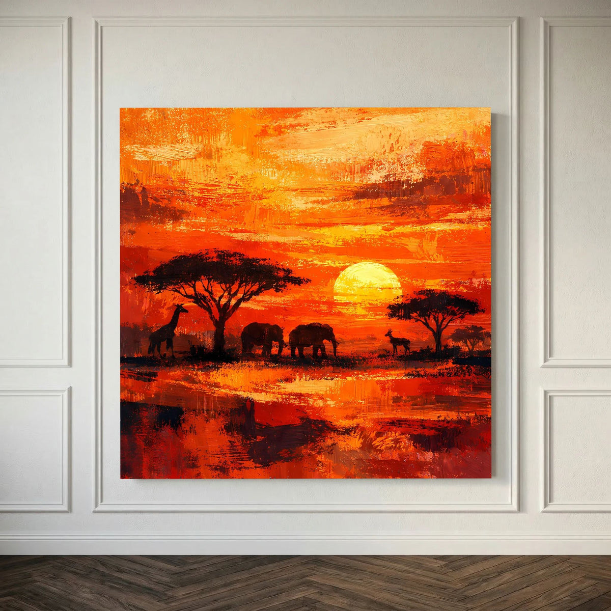Leinwand-Wandbild im quadratischen Format: Sonnenuntergang, Tier- und Baumsilhouetten