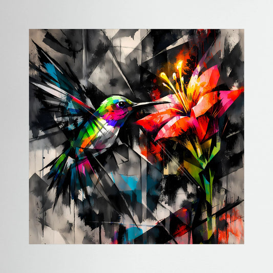 Keilrahmen-Leinwandbild: Kolibri mit Farbverlauf und abstrakten Formen, schwarz-grau, rot-orange