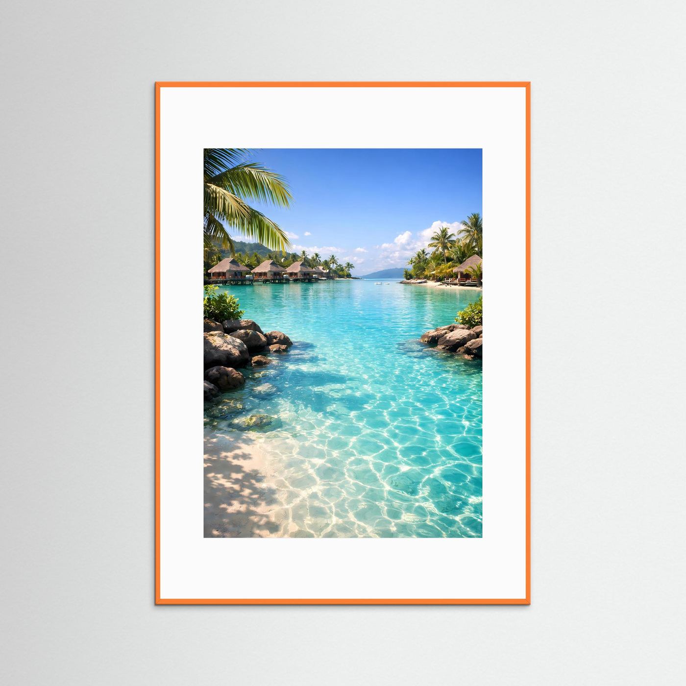 Wandbild „tropische Lagune“ mit türkisblauem Wasser, orangefarbener Rahmen und weißem Rand