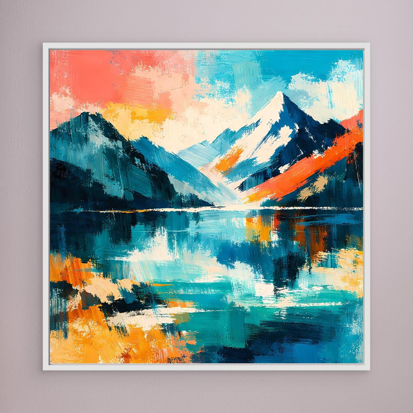 Gerahmtes Leinwand-Wandbild mit abstrakter Bergwelt und See, weißer Rahmen