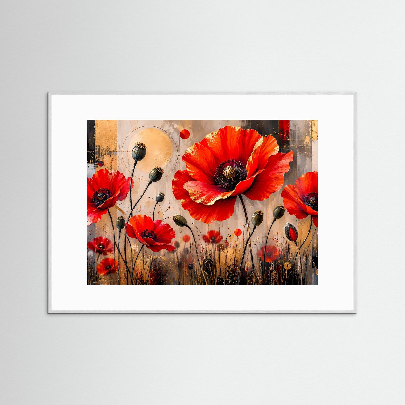 Strahlende Mohnblumen in Rot & Gold | Abstrakte Blumen & Natur Poster Querformat