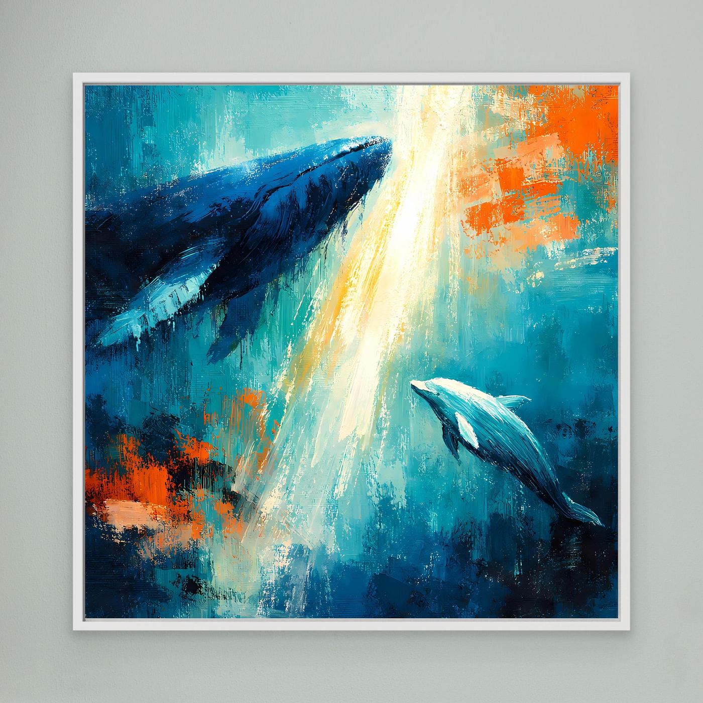 Leinwand Majestätischer Wal und Delfin im Lichtstrahl | Abstraktes Meeres Wandbild