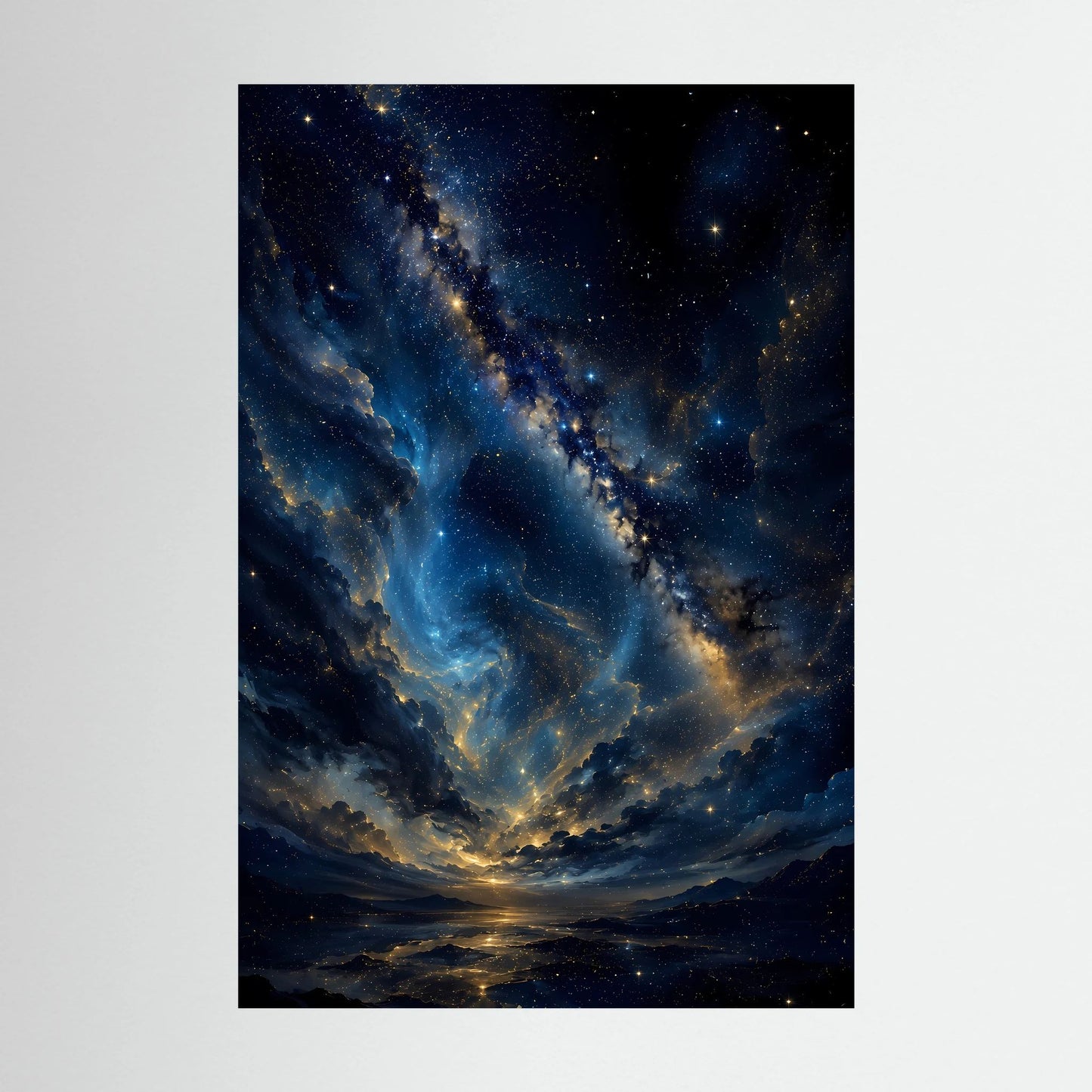 Sternenhimmel in Blau & Gold | Mystische Galaxie über Landschaft | Poster Hochformat