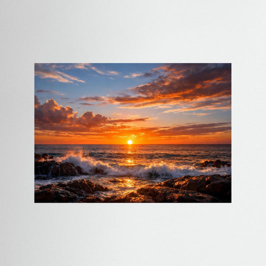 Poster Sonnenuntergang am Meer mit Wellen und Felsen, ohne sichtbaren Rahmen