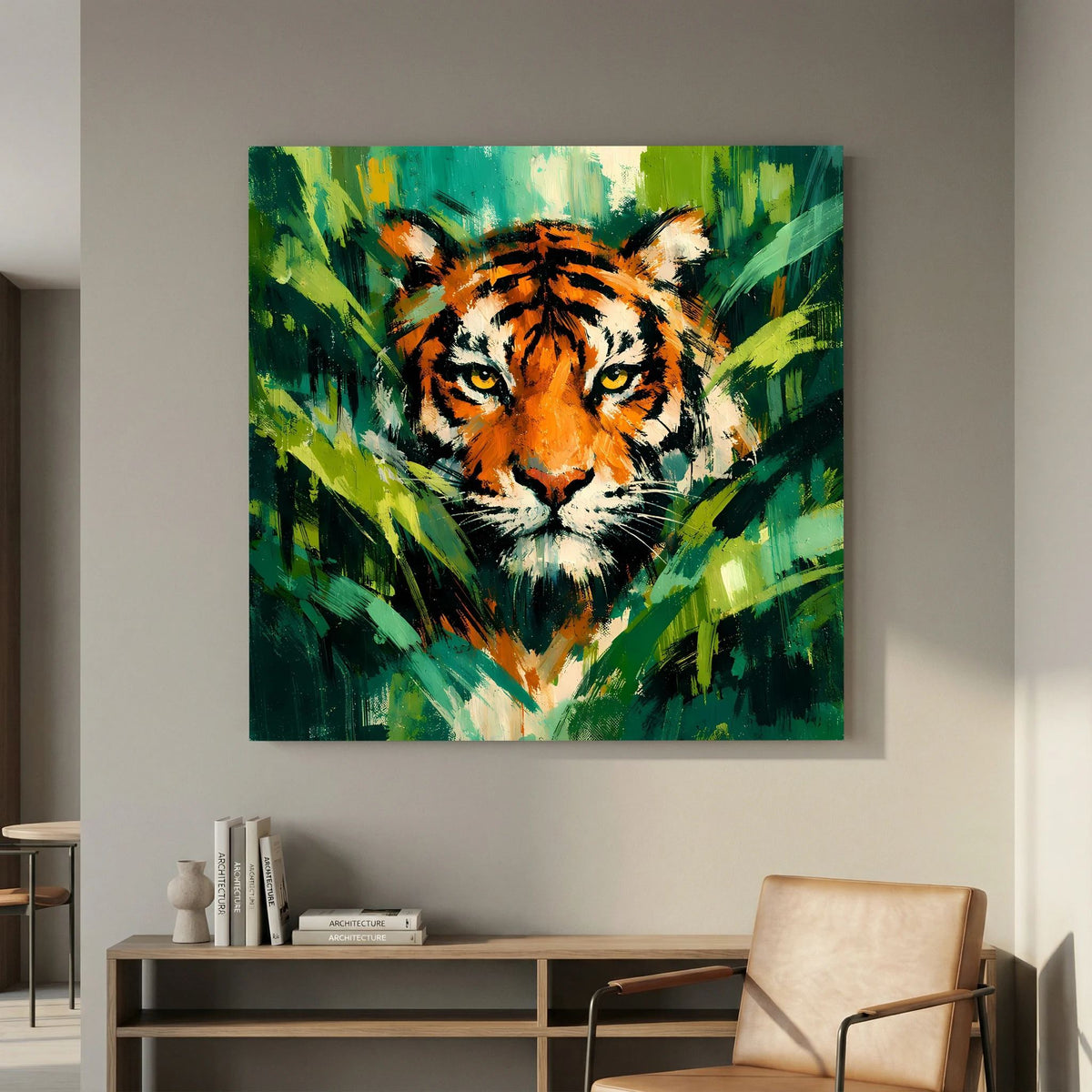 Leinwand Abstraktes Tiger Gemälde | Modernes Wandbild Raubkatze Dschungel Grün Orange