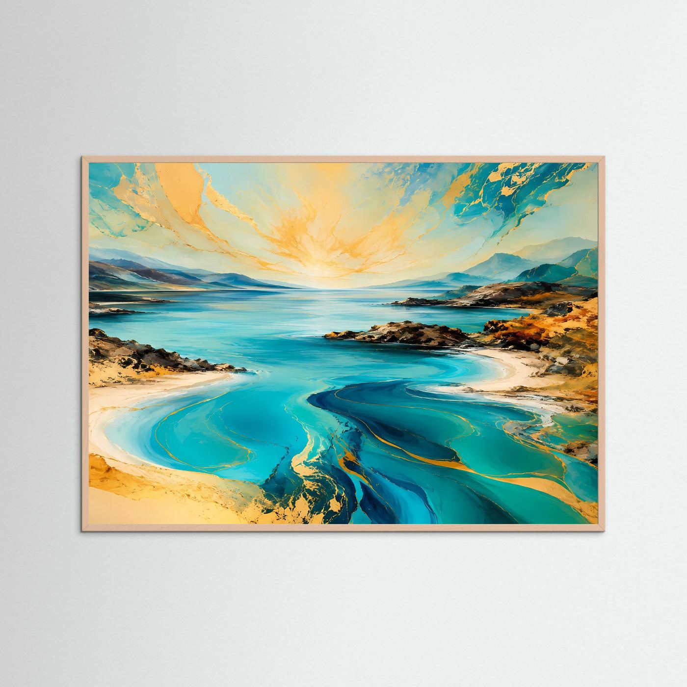 Abstrakte Küstenlandschaft Poster | Türkis Gold Meer Wandbild | Moderne Landschaftskunst mit Marmor-Effekt