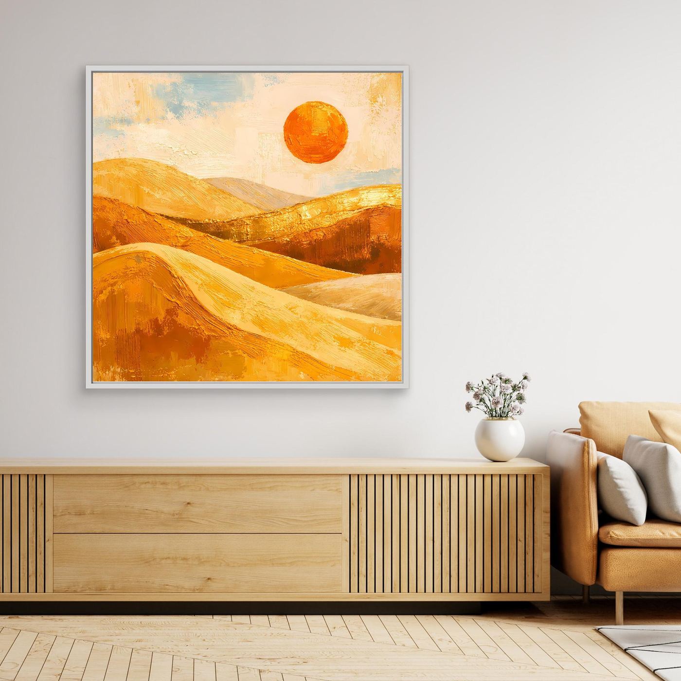 Leinwand-Wandbild Wüste mit goldenen Dünen und orangefarbener Sonne, heller Rahmen