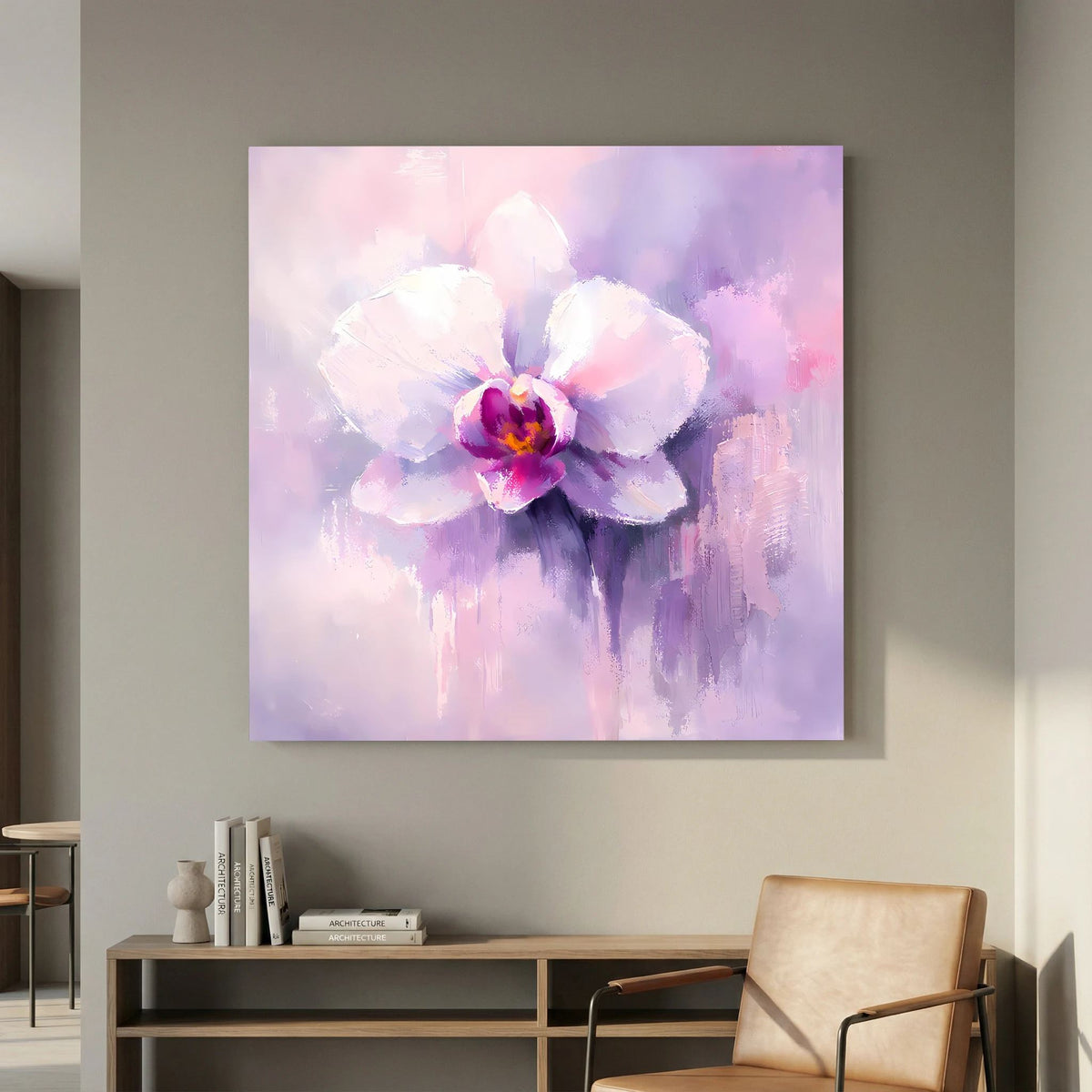 Quadratisches Leinwand-Wandbild mit Orchideenblüte und violetten Farbschattierungen