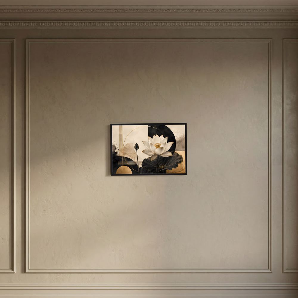 Gerahmtes Lotusblüten-Poster im Querformat, abstrakte Blumen in Schwarz, Weiß und Gold