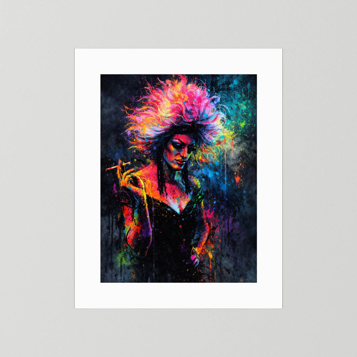Drag-Queen-Poster im weißen Rahmen mit Zigarette, leuchtende Perücke und Farbspritzer