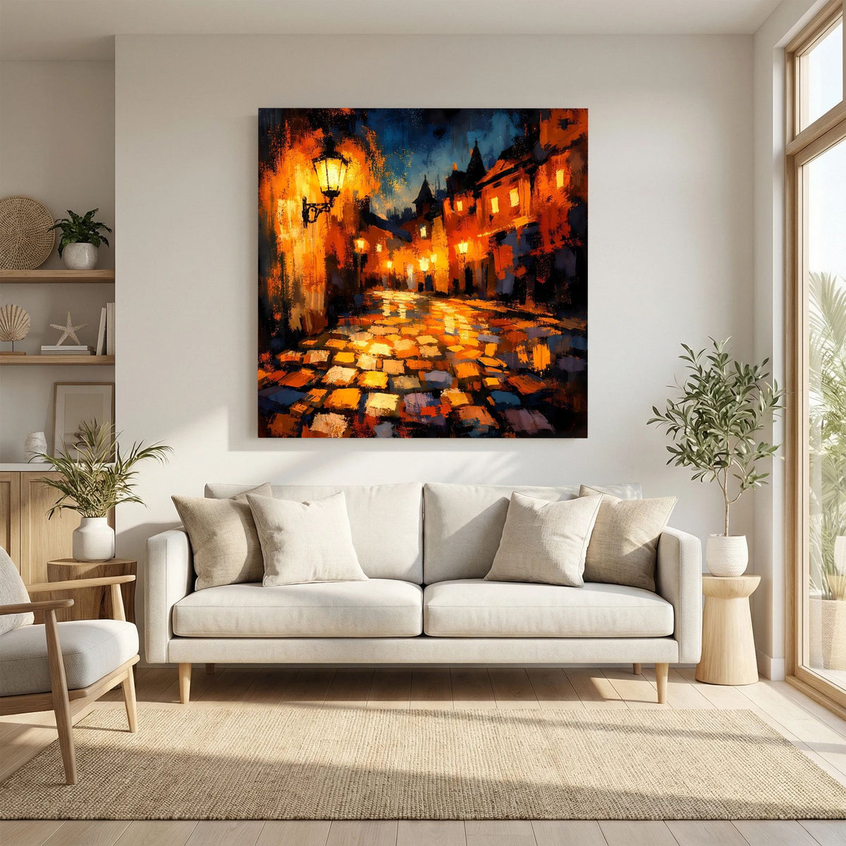 Leinwand Abstraktes Altstadt Gemälde | Modernes Romantisches Gassen Wandbild bei Nacht