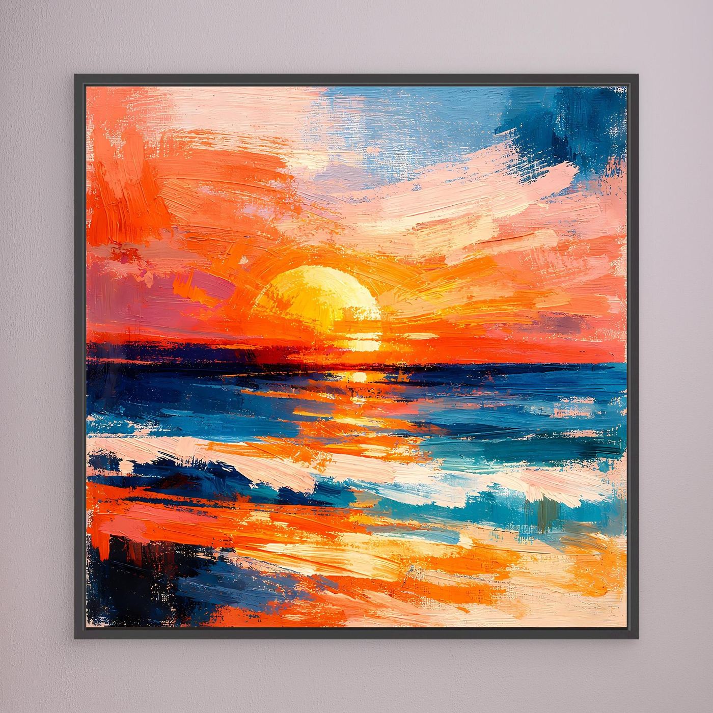 Abstract sunset sea wall art with rising yellow sun in a dark frame