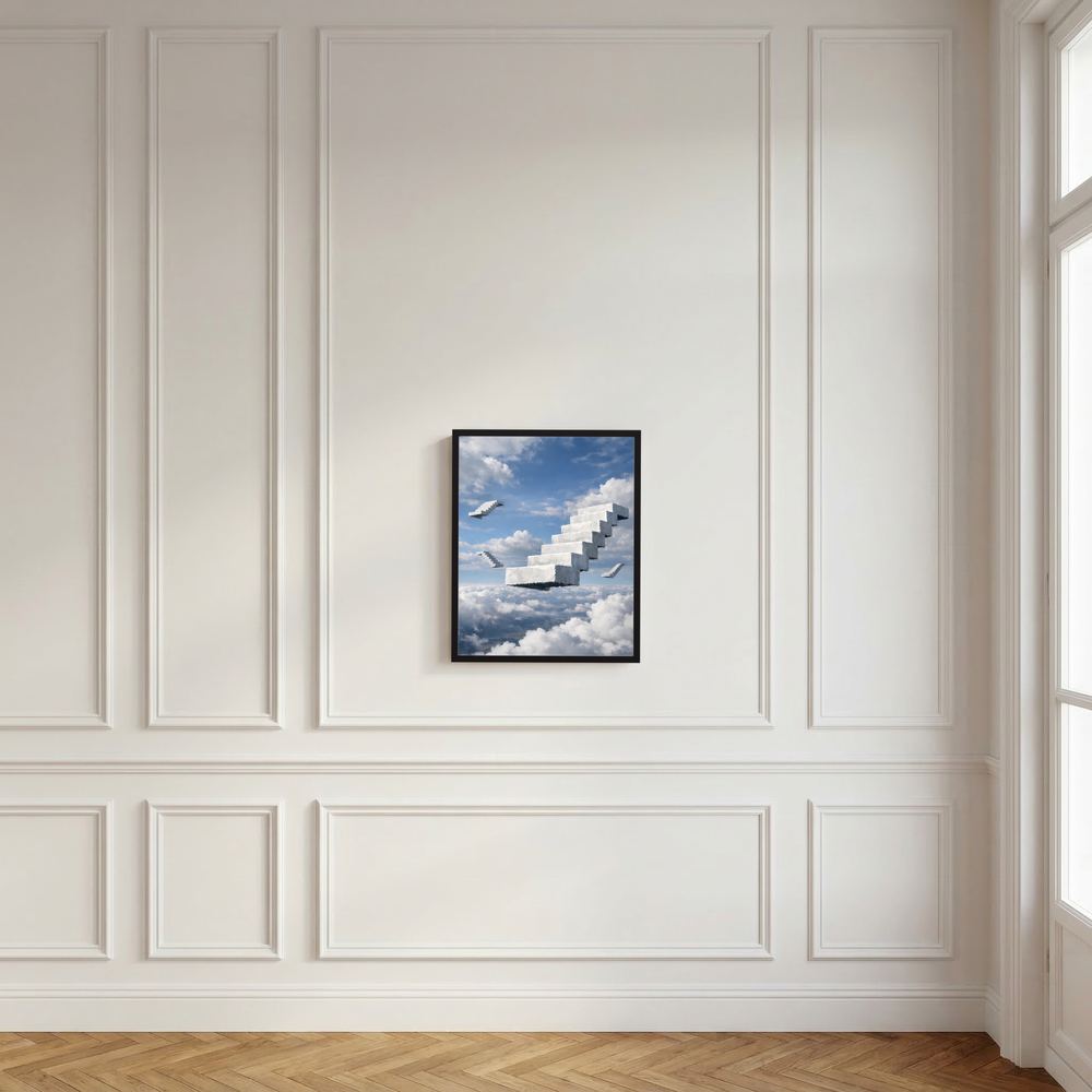 Gerahmtes Poster mit schwebenden weißen Treppen über Wolken an weißer Paneelwand