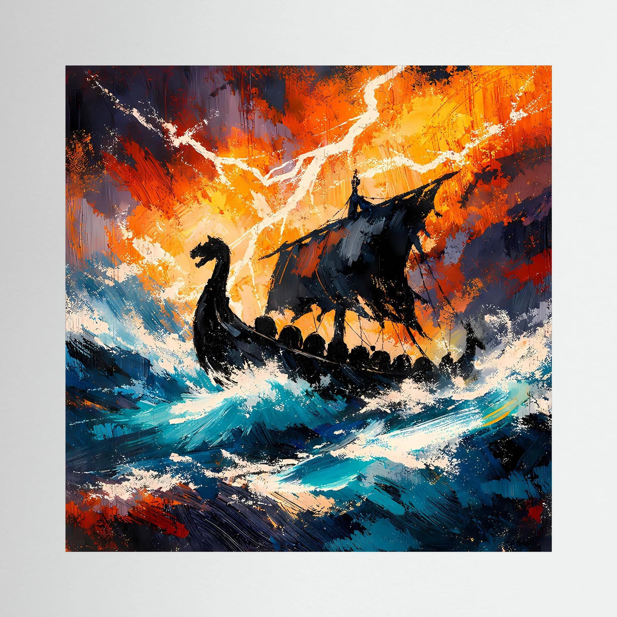 Keilrahmen-Leinwand mit schwarzem Wikinger-Langschiff im Gewittersturm, orange Blitz und blaue See