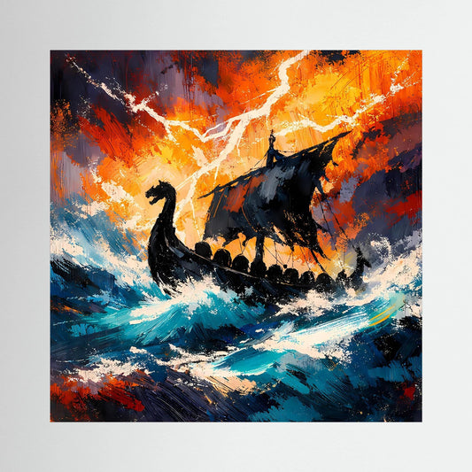 Keilrahmen-Leinwand mit schwarzem Wikinger-Langschiff im Gewittersturm, orange Blitz und blaue See