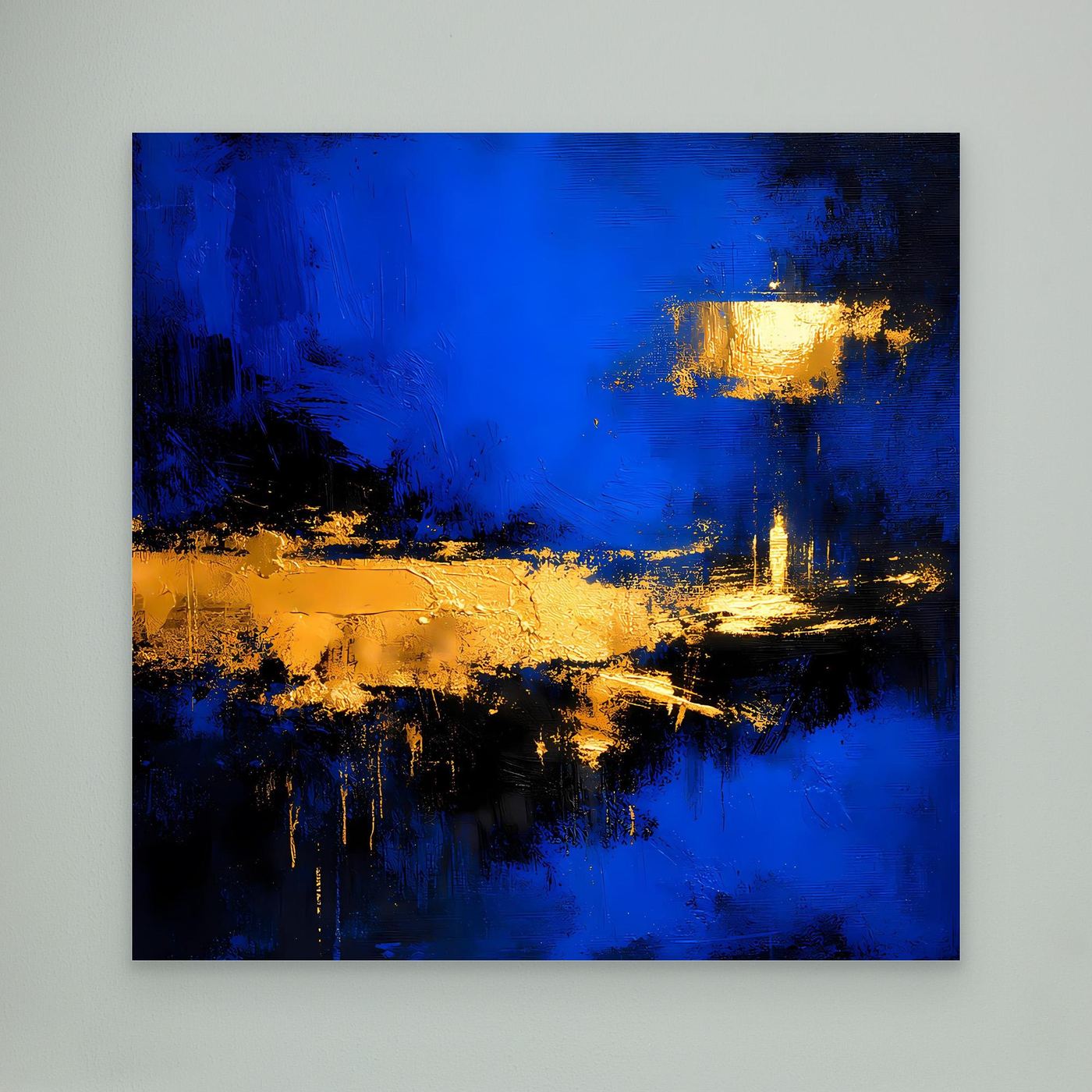Leinwand Abstrakte Meereslandschaft bei Nacht | Modernes Küsten Wandbild in Blau und Gold