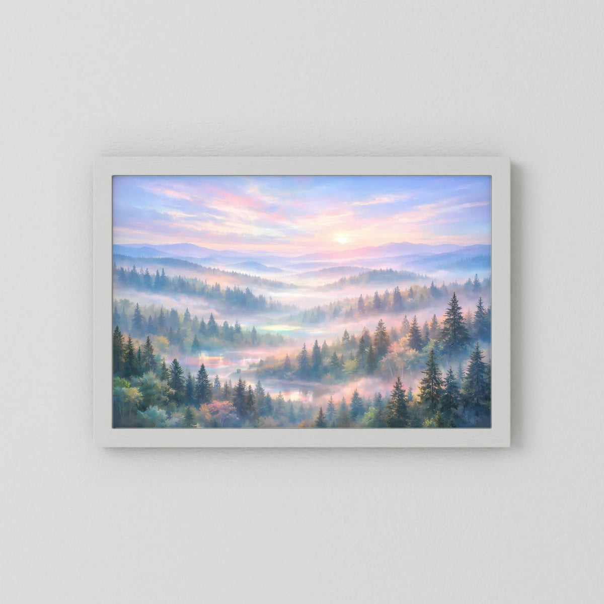 Wandposter querformat mit Waldlandschaft im Morgendunst, weißer Rahmen