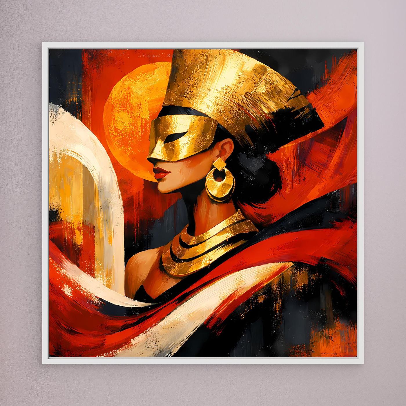 Leinwandbild: Porträt der ägyptischen Königin in Gold, Rot und Schwarz, weiß gerahmt