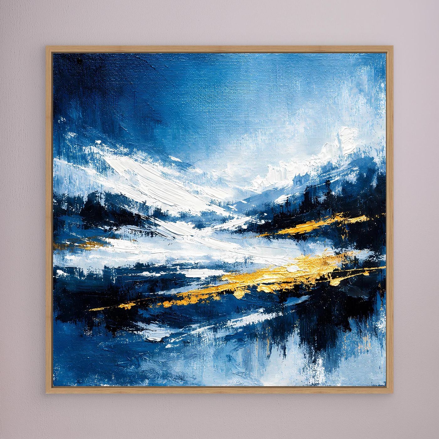Leinwand Abstraktes Wintergemälde in Blau und Gold | Modernes Schnee & Berge Wandbild