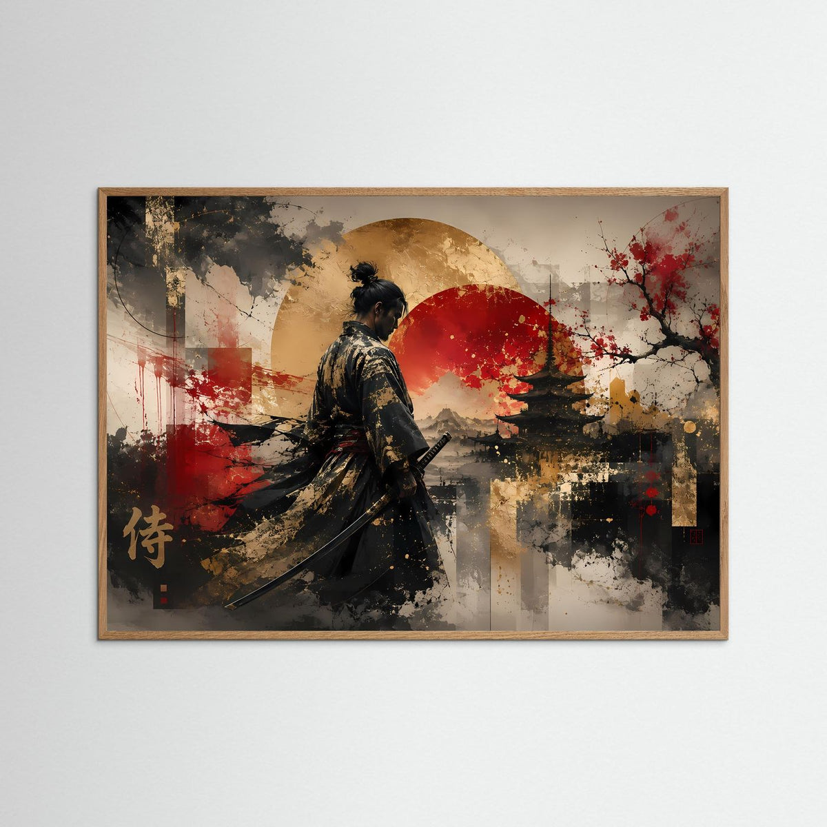 Japanisches Samurai-Poster im Querformat mit hellbraunem Holzrahmen, roter Sonne und Schriftzeichen