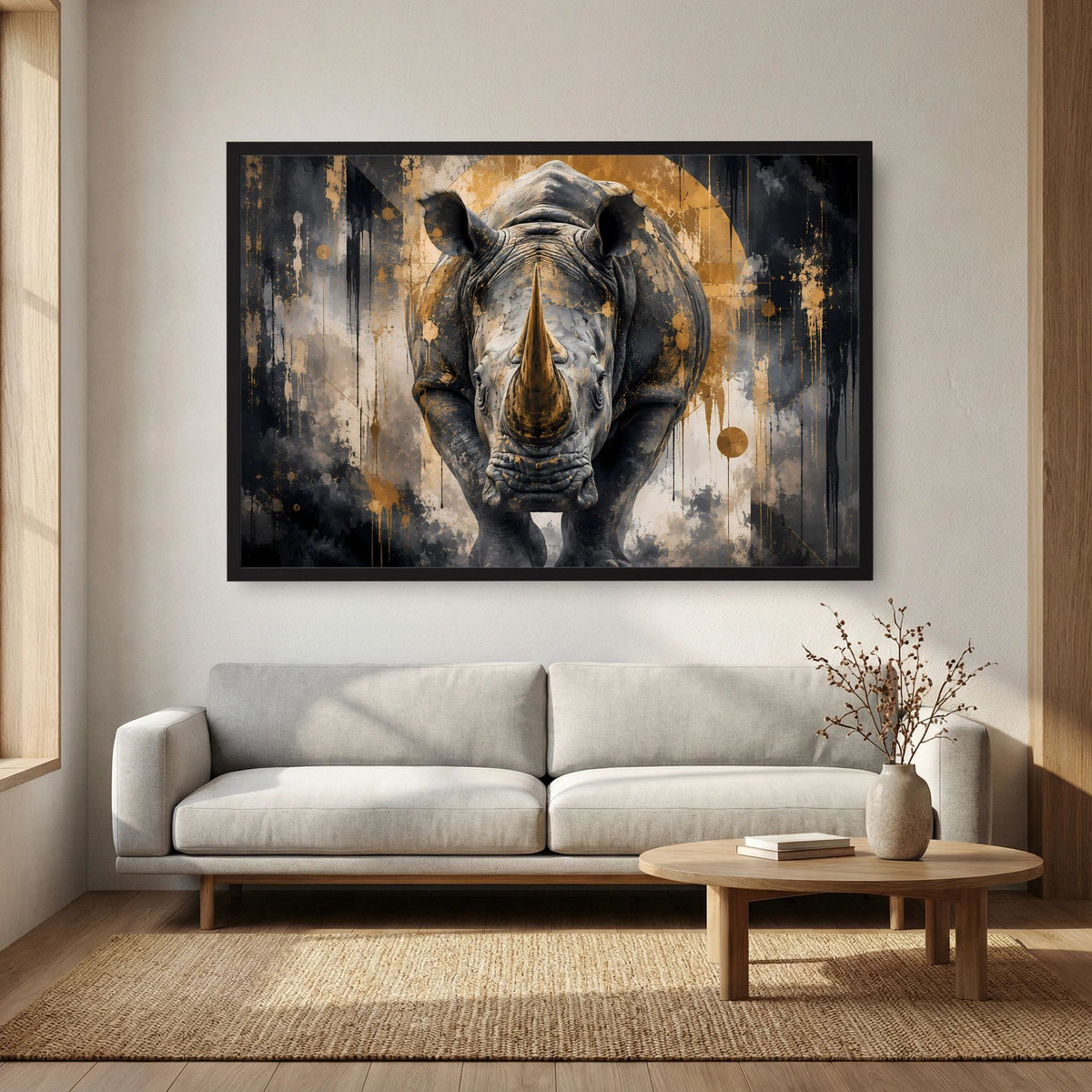 Abstraktes Nashorn-Poster (Querformat) mit schwarzem Rahmen, Kopf und Horn im Fokus