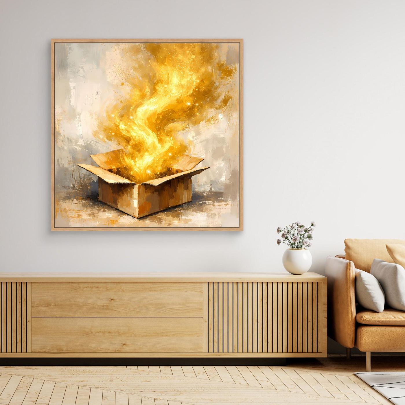 Premium Leinwand Magisches Leuchten aus der Box | Abstraktes Fantasy Wandbild Goldglorie