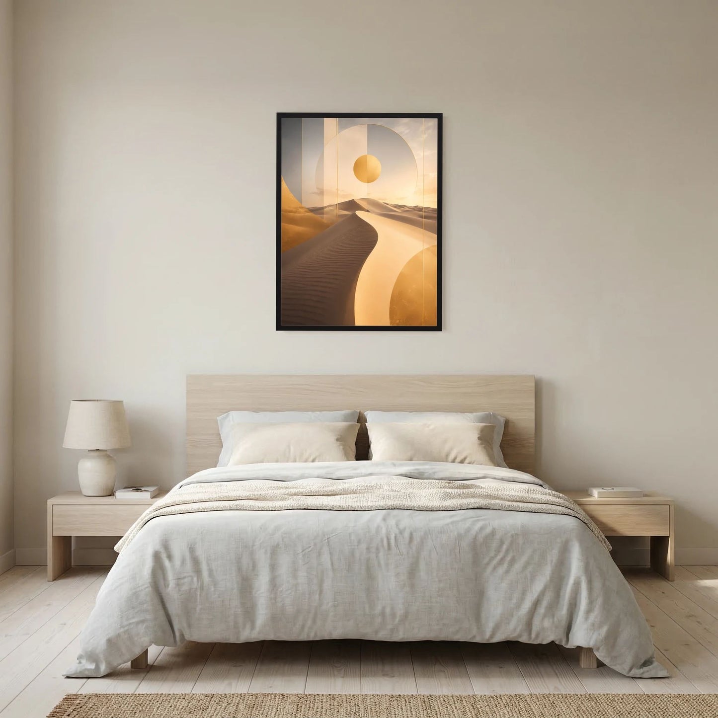 Hochformatiges Poster mit abstrakten Dünen und goldener Sonne im dunklen Rahmen