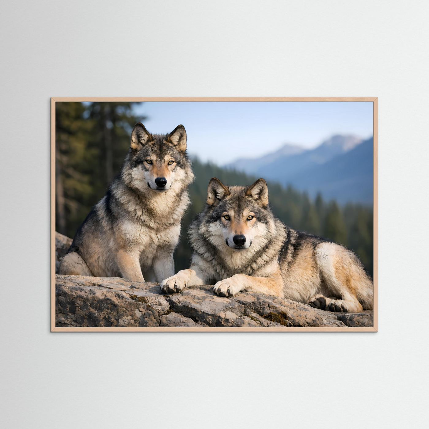 Poster mit Wolfspaar im Gebirge, querformatig, im hellen Holzrahmen.