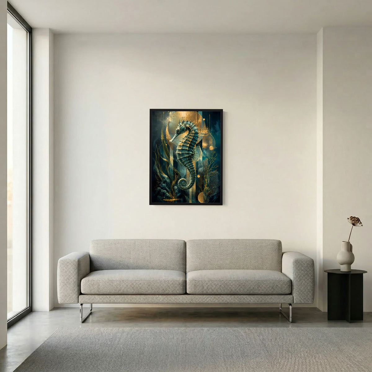 Gerahmtes Poster mit Seepferdchen-Motiv in Petrol und Gold, schwarze Einfassung an Wand.