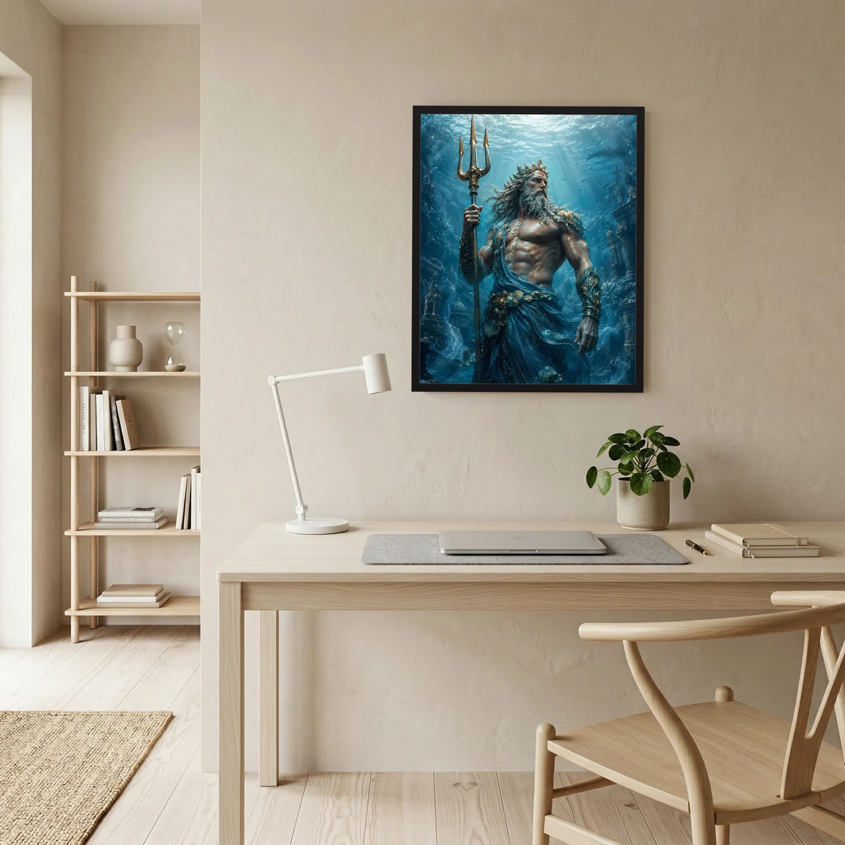 Hochformatiges Poster mit Poseidon und Dreizack im blauen Meeresthema, im schwarzen Rahmen