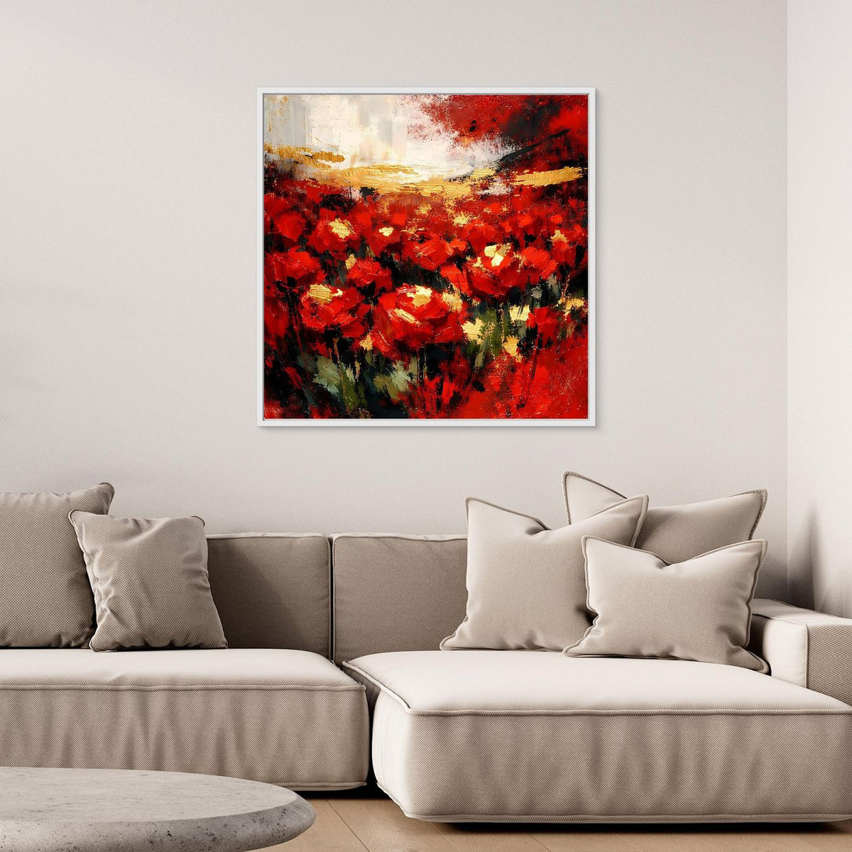 Leinwand-Wandbild mit abstrakten roten Blüten und goldenen Akzenten, im braunen Rahmen.