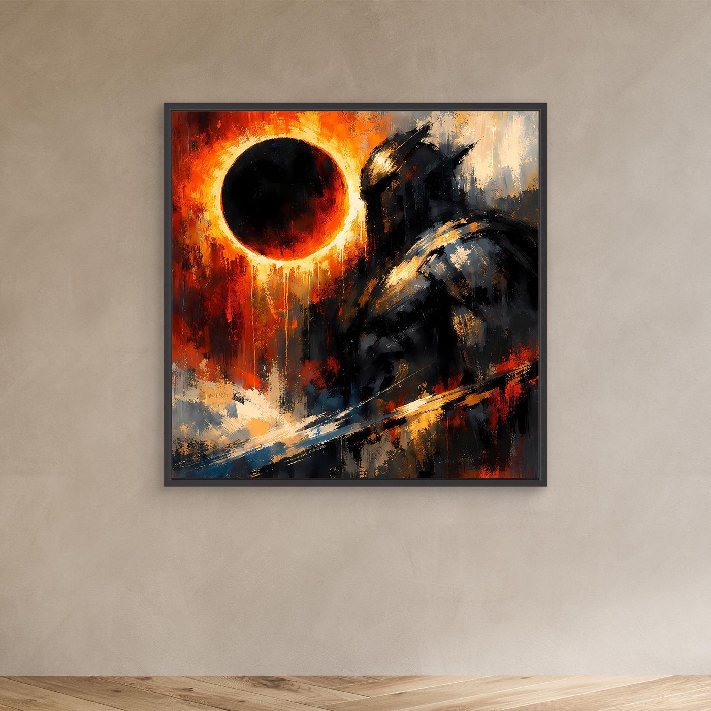 Leinwand-Wandbild im schwarzen Rahmen: kosmischer Ritter bei Eklipse, kontrastreiche Farben