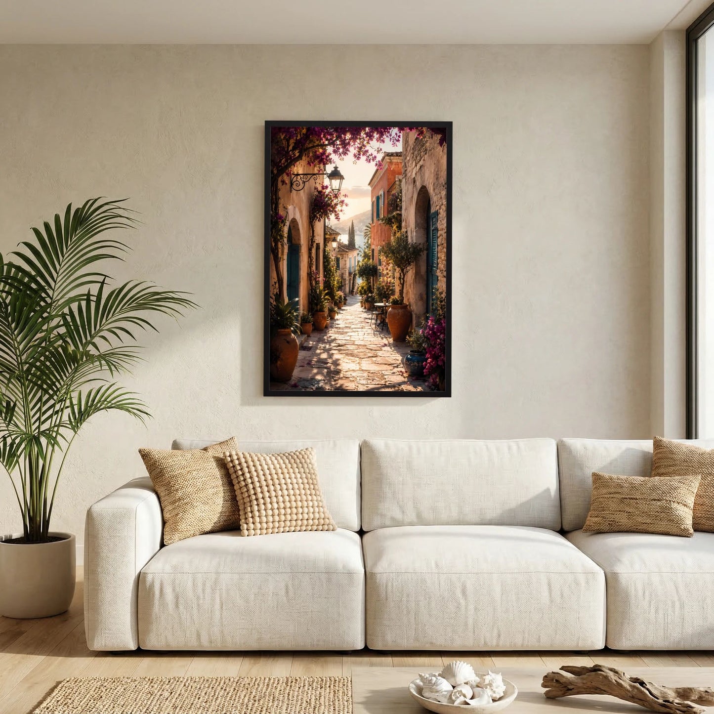 Wand-Poster im schwarzen Rahmen mit mediterraner Gasse, Bögen, Pflanzen und violetten Blüten.