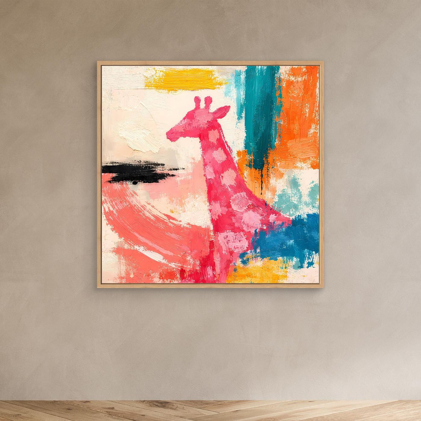 Leinwand-Wandbild mit abstrakter Giraffe im Pop-Art-Stil, pinke Figur im braunen Rahmen