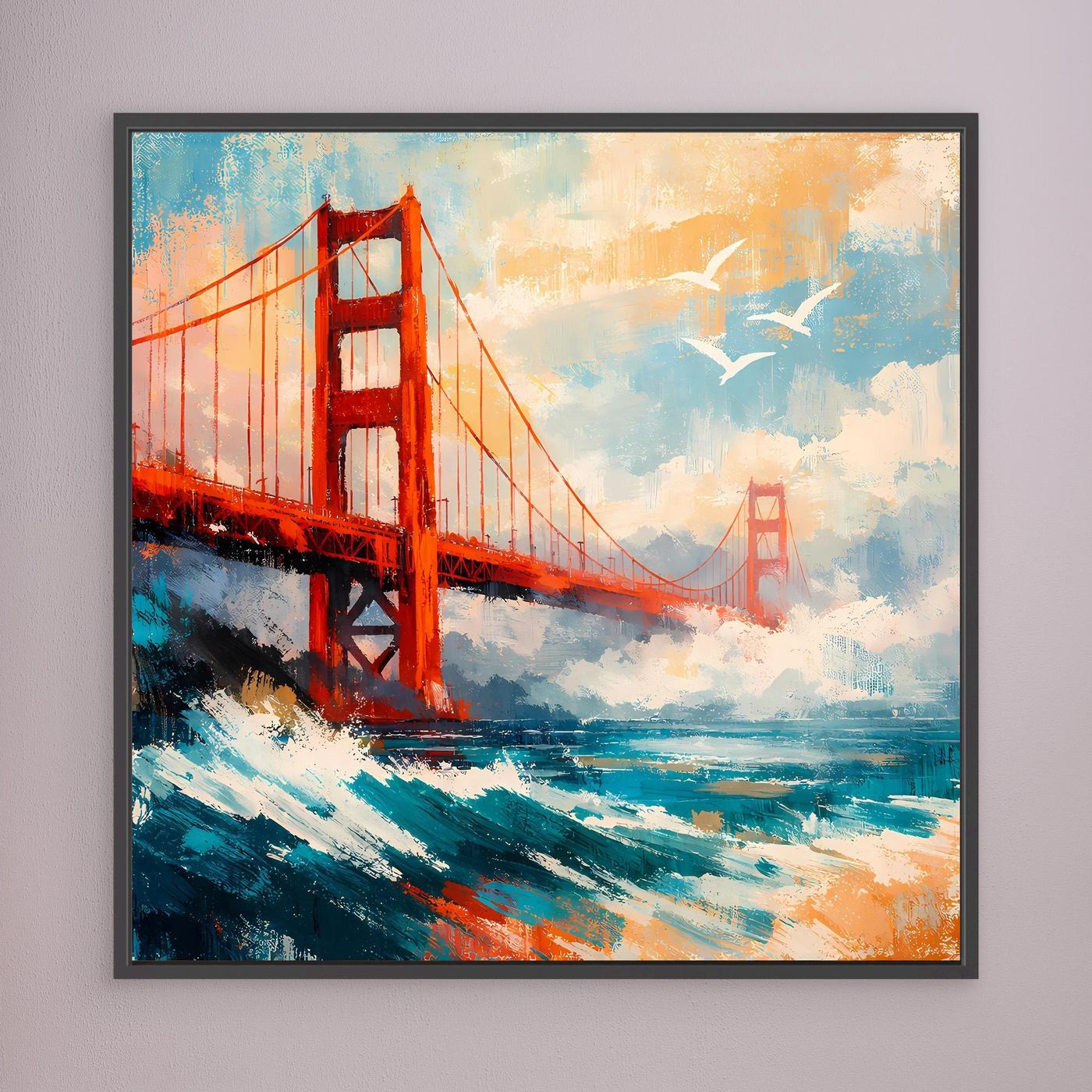 Abstraktes Leinwand-Wandbild Golden Gate Bridge, rote Brücke und blaue Pinselflächen, schwarz gerahmt