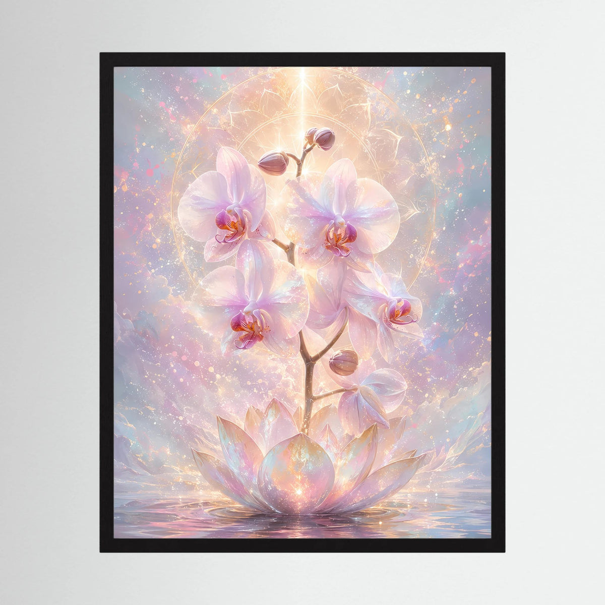 Hochformatiges Poster mit Orchideen- und Lotusblüten, pastell und gold, im schwarzen Rahmen