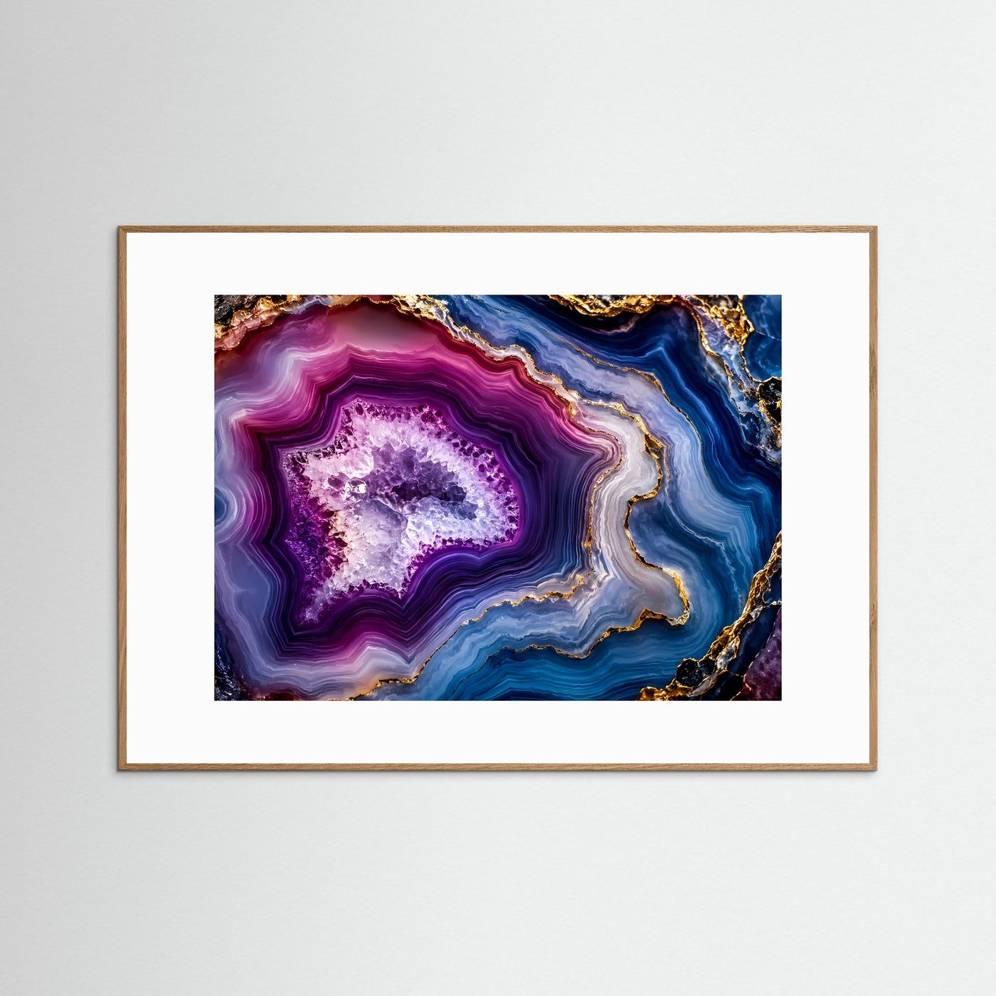 Achat Geode Poster Querformat | Abstrakte Edelstein Wandkunst in Violett, Blau & Gold | Luxuriöses Mineralien Wandbild