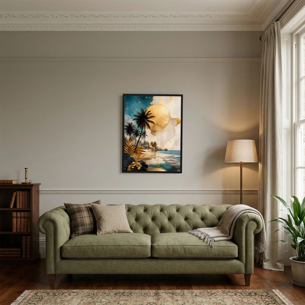 Gerahmtes Poster im Hochformat mit Palmen und großer goldener Sonne über Wasser
