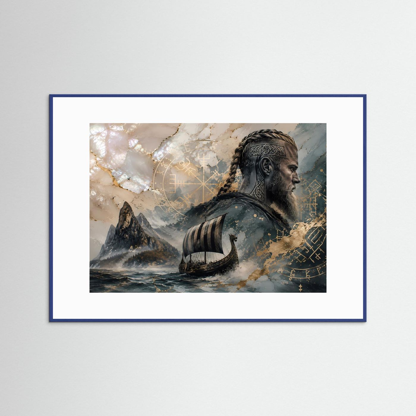 Querformat-Poster im blauen Rahmen: Wikinger im Boot mit goldenen Runen und Ornamenten