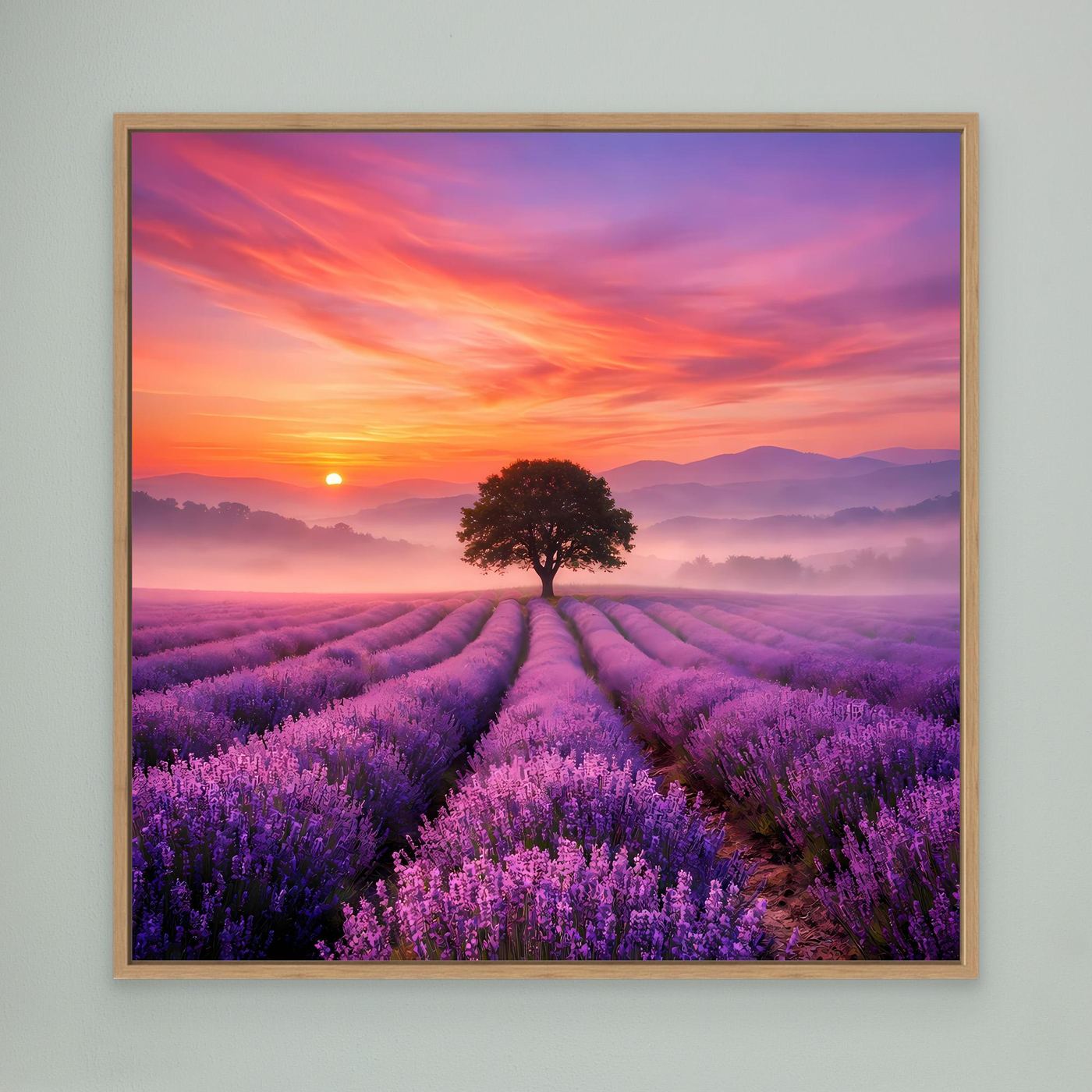 Leinwandbild Lavendelfeld mit Sonnenaufgang und Baum, Eichenrahmen