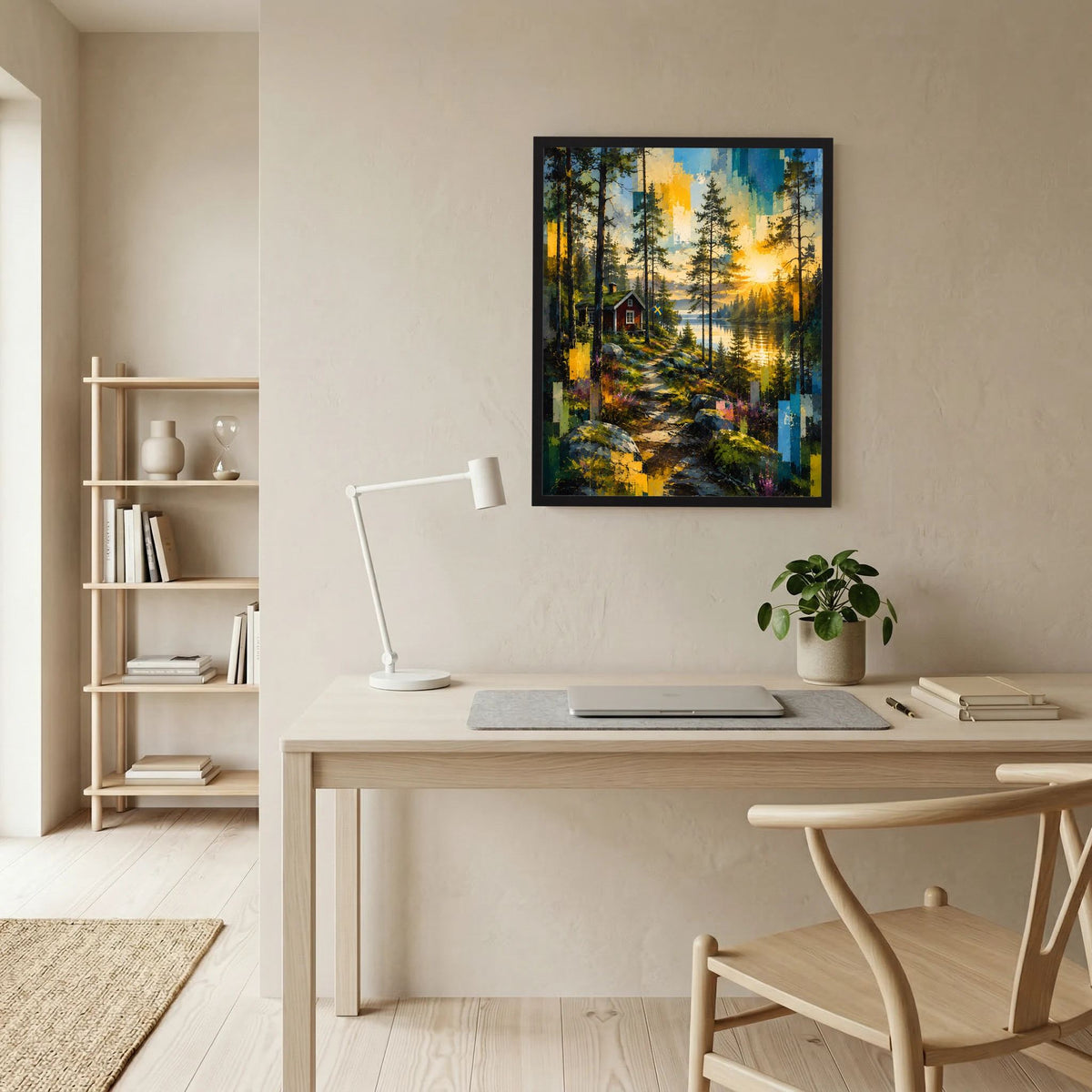 Gerahmtes Hochformat-Poster: Waldlandschaft mit See, Sonnenuntergang und rotem Haus