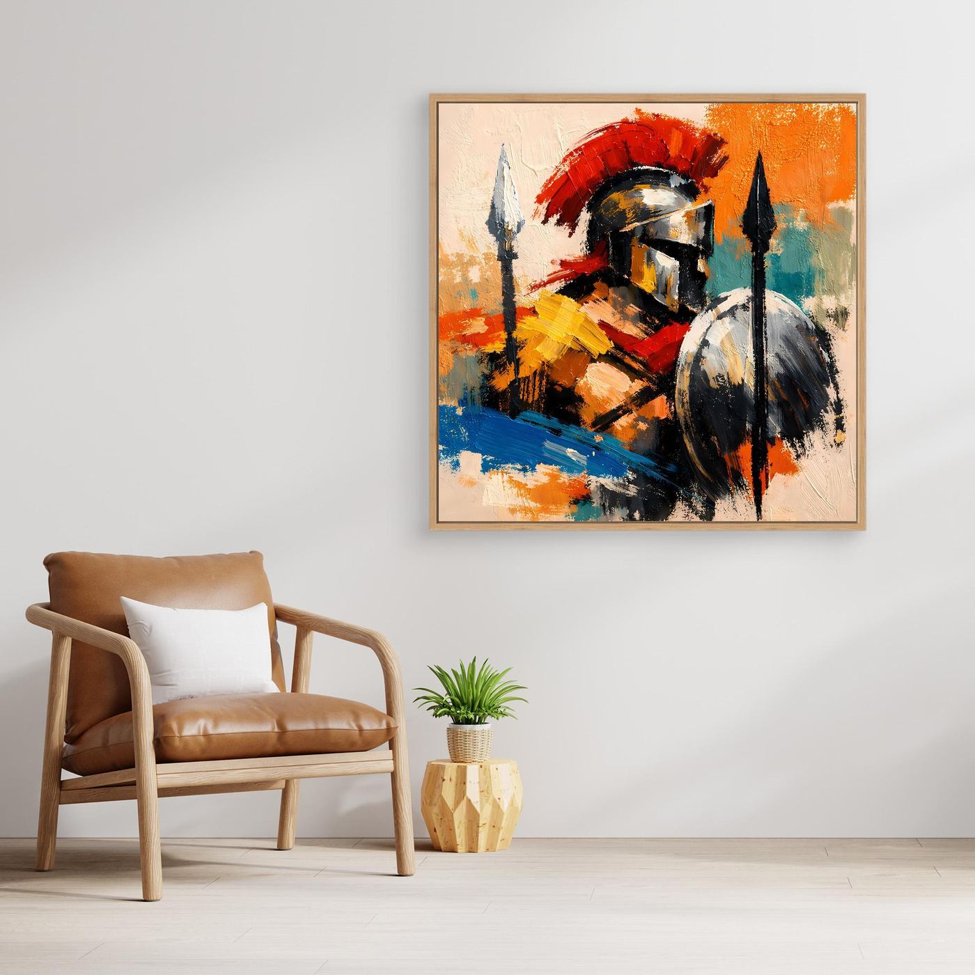 Framed abstract gladiator canvas wall art with helmet, spear, and shield in red, yellow, blue, black