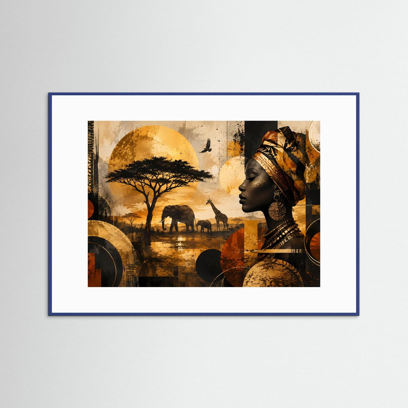 Safari-Poster Querformat: Frau im Profil mit Wildtieren, goldene Szene, blau gerahmt