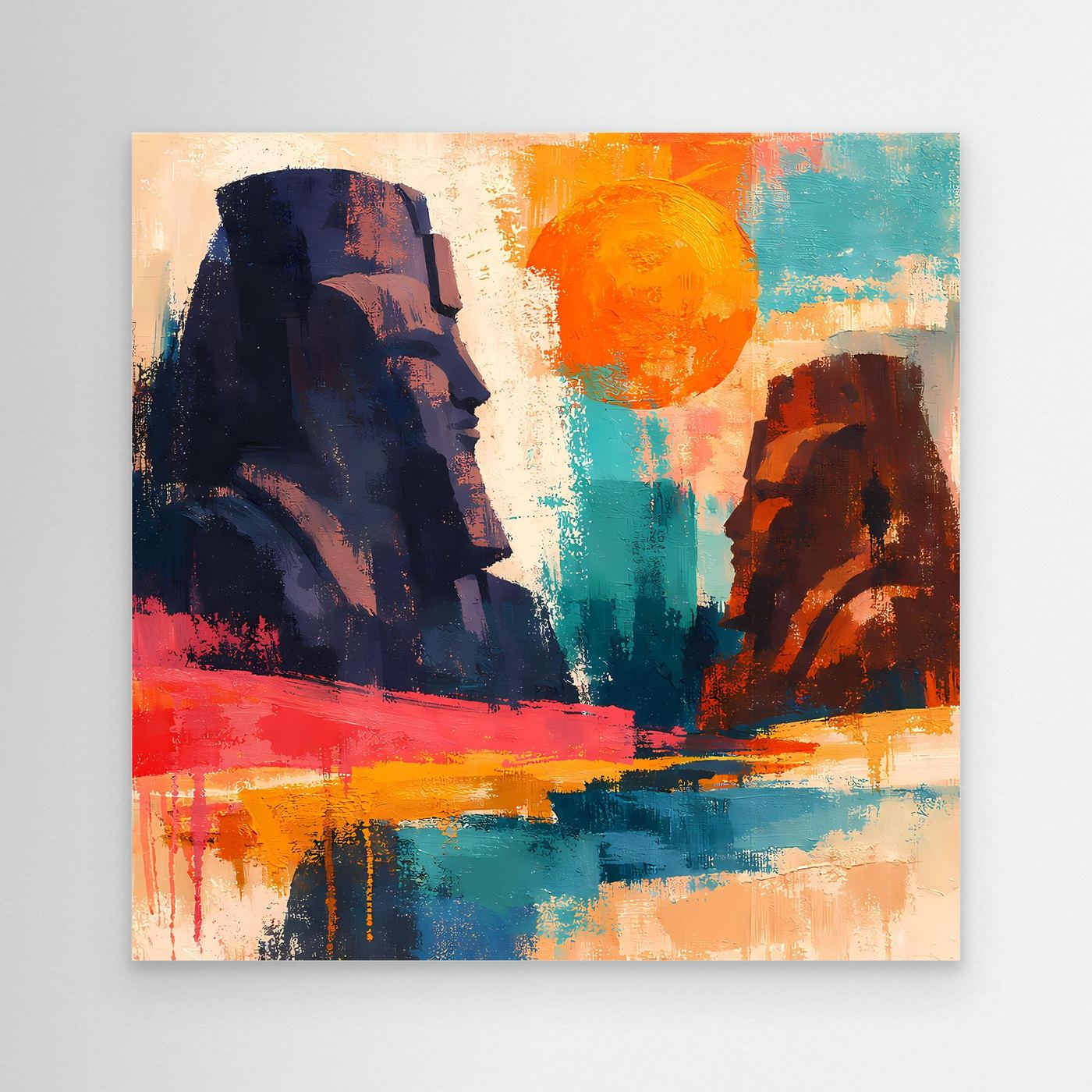 Un-gerahmtes Leinwandbild: abstrakte Pharaonenstatuen in Blau, Orange und Rot.